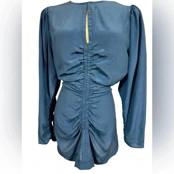 Mariacher Maria Cher Olite Rosario Silk Ruched Short Long Sleeve Mini Dress Blue - Picture 2 of 12